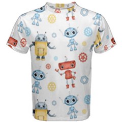 Cute Cartoon Robots Seamless Pattern Men s Cotton Tee by BangZart