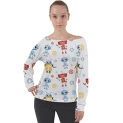 Cute Cartoon Robots Seamless Pattern Off Shoulder Long Sleeve Velour Top