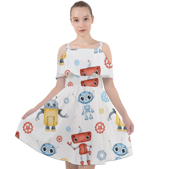 Cute cartoon robots seamless pattern Cut Out Shoulders Chiffon Dress