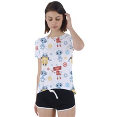 Cute Cartoon Robots Seamless Pattern Short Sleeve Foldover Tee