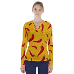 Chili Vegetable Pattern Background V-neck Long Sleeve Top by BangZart