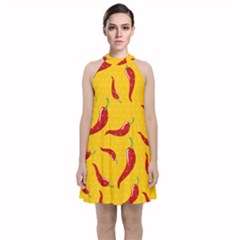 Chili Vegetable Pattern Background Velvet Halter Neckline Dress  by BangZart