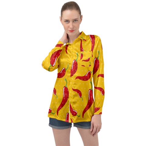 Chili Vegetable Pattern Background Long Sleeve Satin Shirt by BangZart