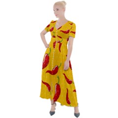 Chili Vegetable Pattern Background Button Up Short Sleeve Maxi Dress