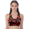 Seamless vector pattern hot red chili papper black background Sports Bra View1