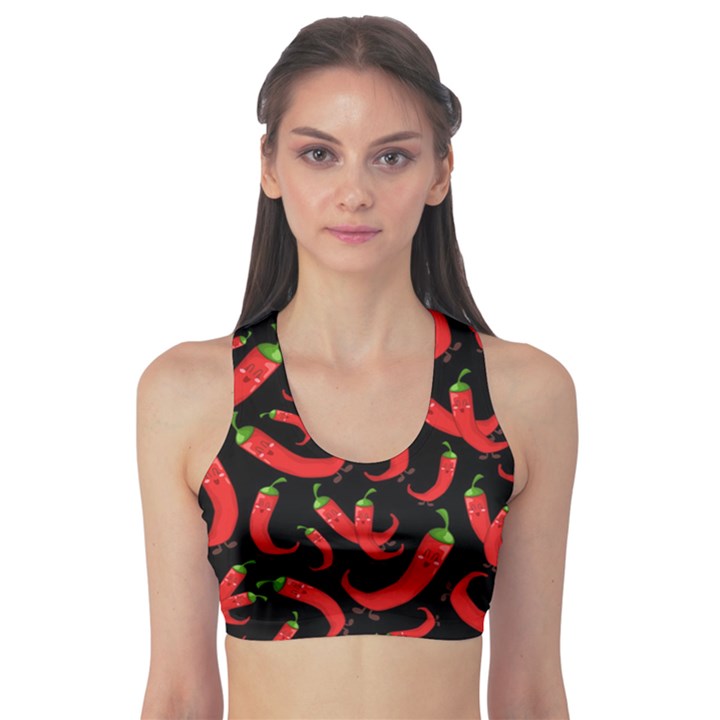 Seamless vector pattern hot red chili papper black background Sports Bra