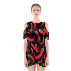 Seamless Vector Pattern Hot Red Chili Papper Black Background Shoulder Cutout One Piece Dress