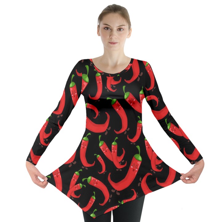 Seamless vector pattern hot red chili papper black background Long Sleeve Tunic 