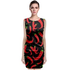 Seamless Vector Pattern Hot Red Chili Papper Black Background Sleeveless Velvet Midi Dress by BangZart