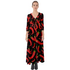 Seamless Vector Pattern Hot Red Chili Papper Black Background Button Up Boho Maxi Dress by BangZart