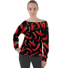 Seamless Vector Pattern Hot Red Chili Papper Black Background Off Shoulder Long Sleeve Velour Top