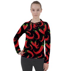 Seamless Vector Pattern Hot Red Chili Papper Black Background Women s Pique Long Sleeve Tee