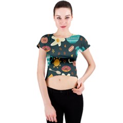 Seamless pattern with breakfast symbols morning coffee Crew Neck Crop Top