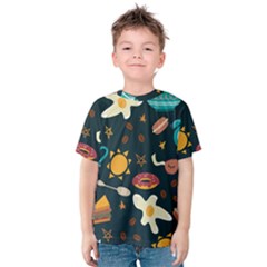 Seamless pattern with breakfast symbols morning coffee Kids  Cotton Tee