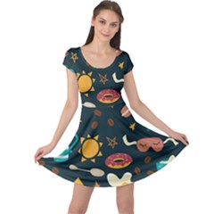 Seamless pattern with breakfast symbols morning coffee Cap Sleeve Dress