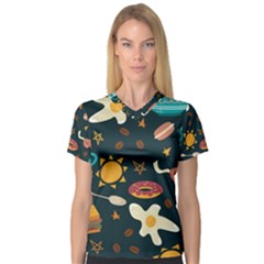 Seamless pattern with breakfast symbols morning coffee V-Neck Sport Mesh Tee