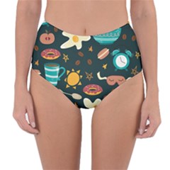 Seamless pattern with breakfast symbols morning coffee Reversible High-Waist Bikini Bottoms