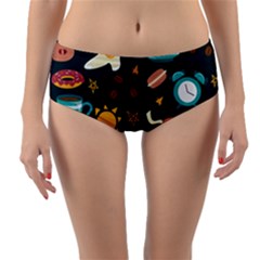 Seamless pattern with breakfast symbols morning coffee Reversible Mid-Waist Bikini Bottoms