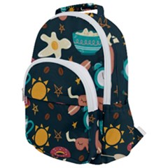 Seamless pattern with breakfast symbols morning coffee Rounded Multi Pocket Backpack