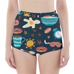 Seamless pattern with breakfast symbols morning coffee High-Waisted Bikini Bottoms