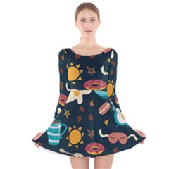 Seamless pattern with breakfast symbols morning coffee Long Sleeve Velvet Skater Dress