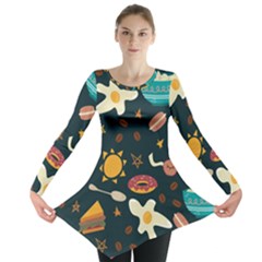 Seamless pattern with breakfast symbols morning coffee Long Sleeve Tunic 