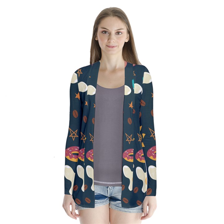 Seamless pattern with breakfast symbols morning coffee Drape Collar Cardigan