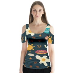 Seamless pattern with breakfast symbols morning coffee Butterfly Sleeve Cutout Tee 