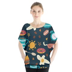 Seamless pattern with breakfast symbols morning coffee Batwing Chiffon Blouse