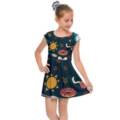 Seamless pattern with breakfast symbols morning coffee Kids  Cap Sleeve Dress