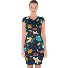 Seamless pattern with breakfast symbols morning coffee Capsleeve Drawstring Dress 