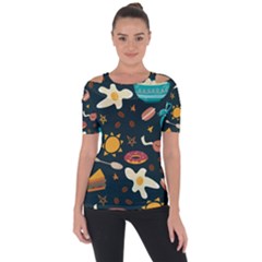 Seamless pattern with breakfast symbols morning coffee Shoulder Cut Out Short Sleeve Top