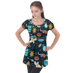 Seamless pattern with breakfast symbols morning coffee Puff Sleeve Tunic Top