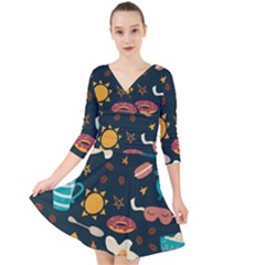 Seamless pattern with breakfast symbols morning coffee Quarter Sleeve Front Wrap Dress