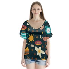 Seamless Pattern With Breakfast Symbols Morning Coffee V-neck Flutter Sleeve Top by BangZart