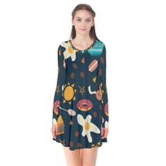 Seamless pattern with breakfast symbols morning coffee Long Sleeve V-neck Flare Dress