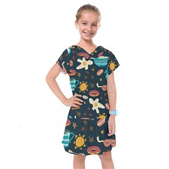 Seamless pattern with breakfast symbols morning coffee Kids  Drop Waist Dress