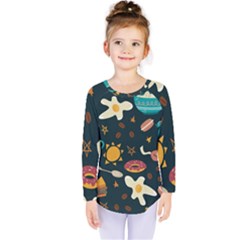 Seamless pattern with breakfast symbols morning coffee Kids  Long Sleeve Tee