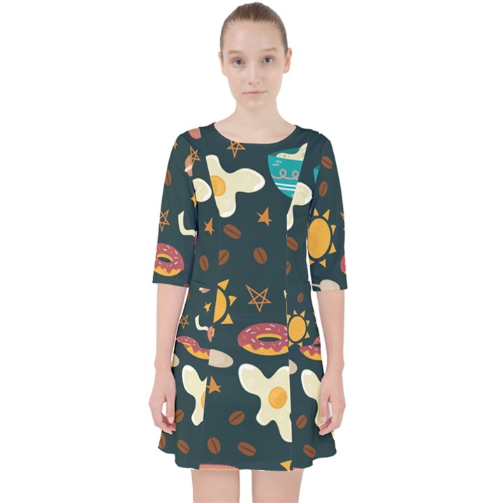 Seamless pattern with breakfast symbols morning coffee Pocket Dress