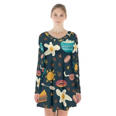 Seamless pattern with breakfast symbols morning coffee Long Sleeve Velvet V-neck Dress