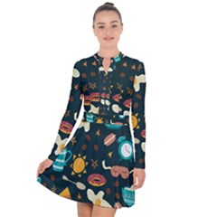 Seamless pattern with breakfast symbols morning coffee Long Sleeve Panel Dress