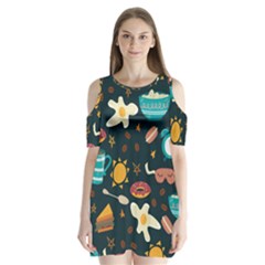 Seamless pattern with breakfast symbols morning coffee Shoulder Cutout Velvet One Piece