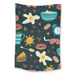 Seamless pattern with breakfast symbols morning coffee Large Tapestry