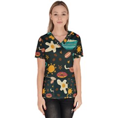 Seamless pattern with breakfast symbols morning coffee Women s V-Neck Scrub Top