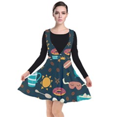 Seamless pattern with breakfast symbols morning coffee Plunge Pinafore Dress