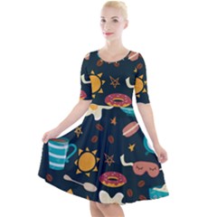 Seamless pattern with breakfast symbols morning coffee Quarter Sleeve A-Line Dress