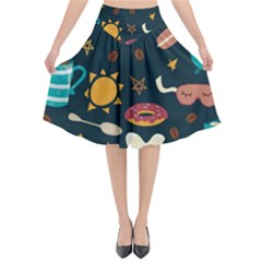 Seamless pattern with breakfast symbols morning coffee Flared Midi Skirt