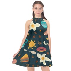 Seamless pattern with breakfast symbols morning coffee Halter Neckline Chiffon Dress 