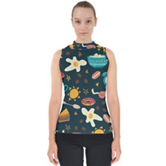 Seamless pattern with breakfast symbols morning coffee Mock Neck Shell Top