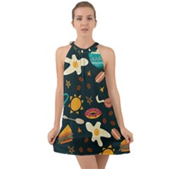 Seamless pattern with breakfast symbols morning coffee Halter Tie Back Chiffon Dress